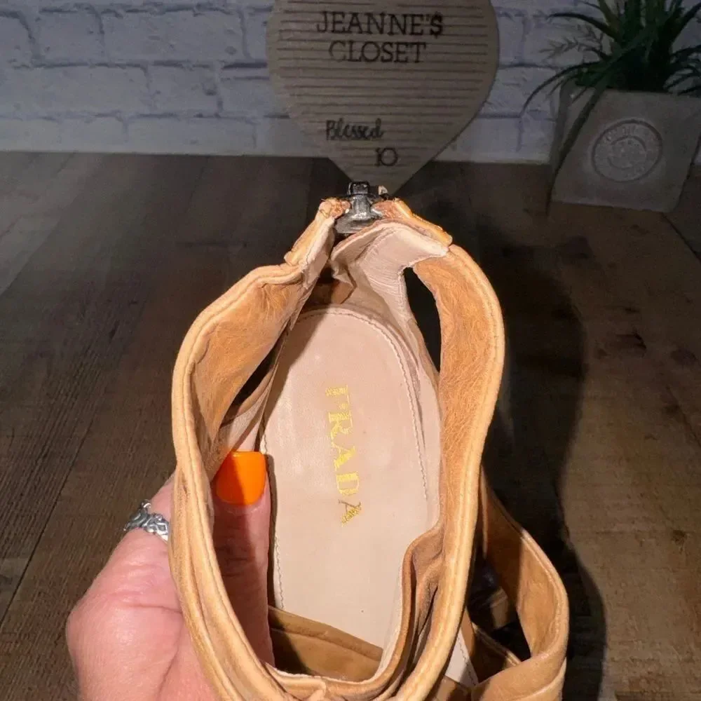 Prada Tan Pleated Leather Caged Flat Sandals Size 38.5